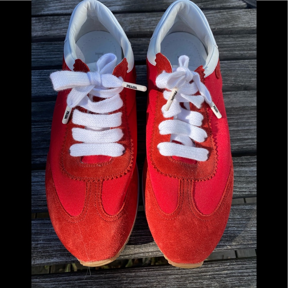 Prada Scuba Red Suede Sneakers